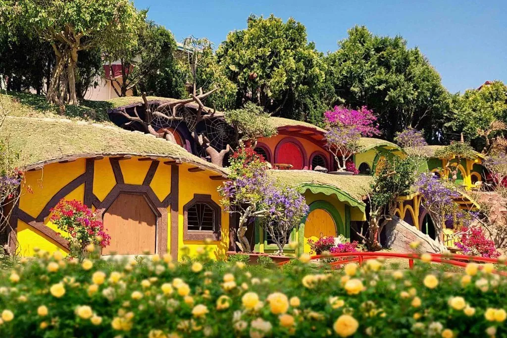 Dãy nhà hobbit mái cỏ sơn vàng và xanh ở Fairytale Land, phía trước là luống hồng vàng đang nở