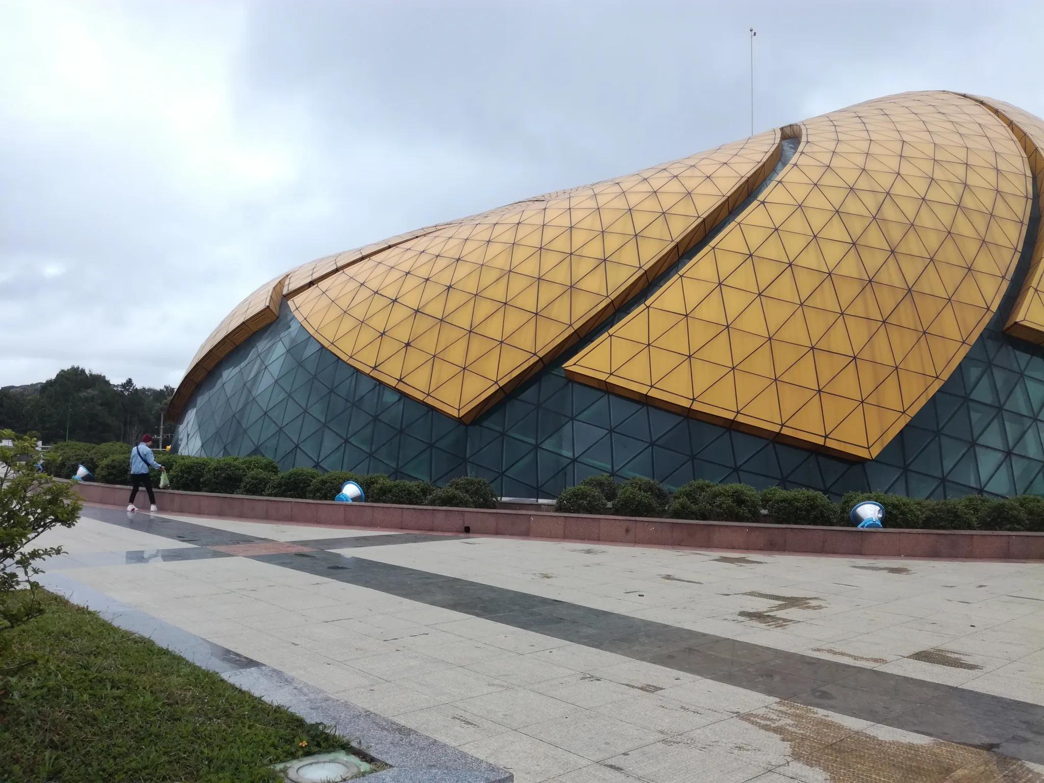 Khối hoa dã quỳ với mái kính vàng ghép hình tam giác